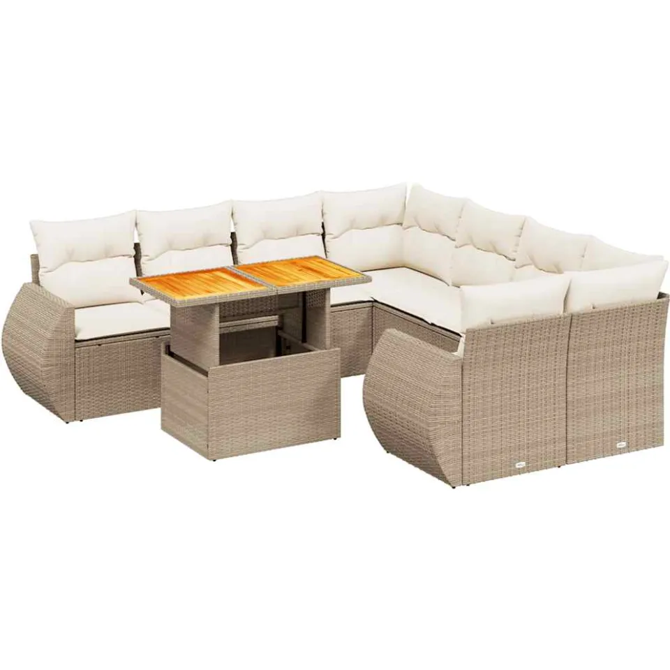 vidaXL 9-delige Loungeset met kussens poly rattan beige, foto 3