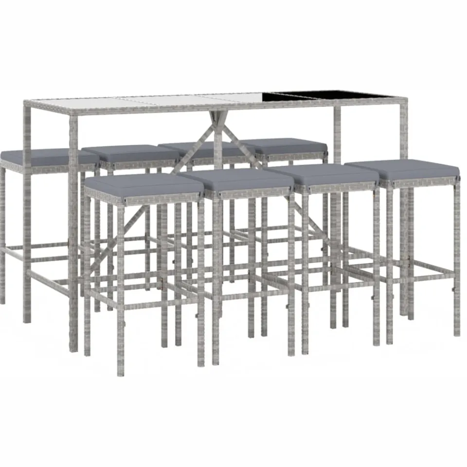 vidaXL 9-delige Tuinbarset met kussens poly rattan grijs