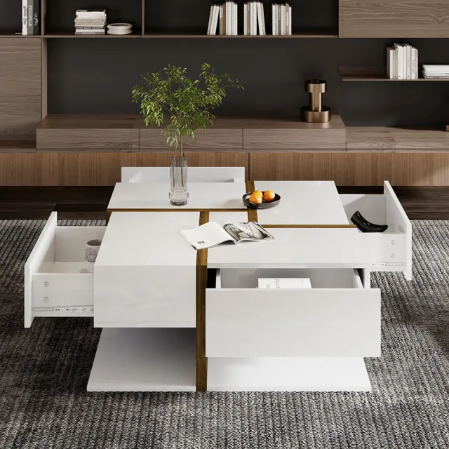 KOMHTOM Tafel met 4 laden Hoogglans salontafel unieke kleurcoördinatie en lijnontwerp 78x78x34.8 cm Wit