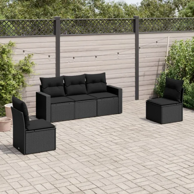vidaXL 5-delige Loungeset met kussens poly rattan zwart, foto 2