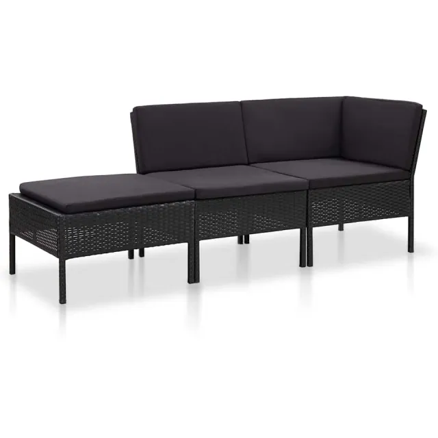 vidaXL 3-delige Loungeset met kussens poly rattan zwart