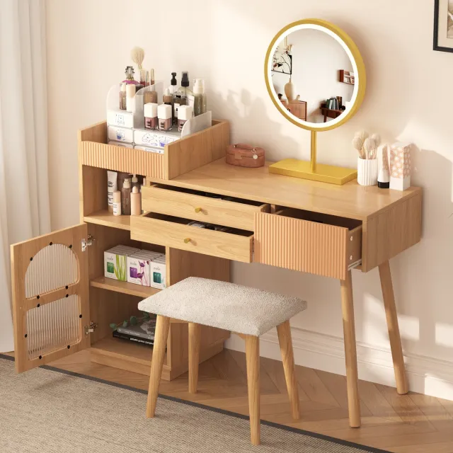 Wishdor Japandi Kaptafel 120 cm - Make-up Tafel met LED Spiegel (3 Kleuren) - 3 Lades & Kast met Geribbeld Glas - Houtlook (Naturel) Natuurlijk