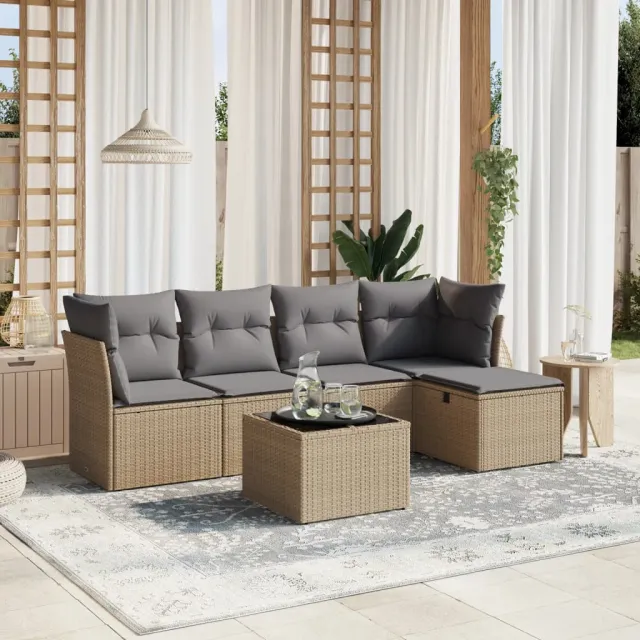 vidaXL 6-delige Loungeset met kussens poly rattan gemengd beige