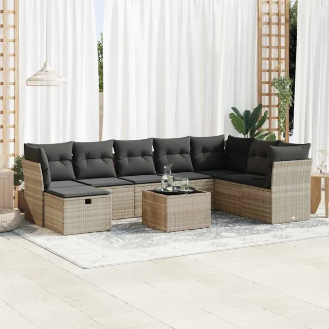 vidaXL 9-delige Loungeset met kussens poly rattan lichtgrijs grijs, foto 2