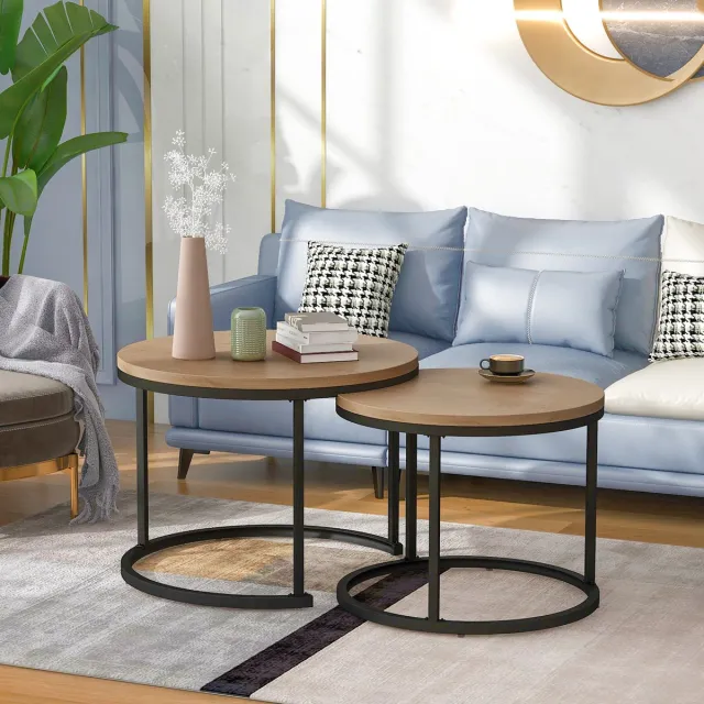 OKWISH Salontafelset – 2-Delig – Nestbare Ronde Bijzettafels – Modern Met Metalen Frame – MDF Met Marmerprint Blad Eiken – 50x70,5 cm / 45,5x44 cm Natuurlijk