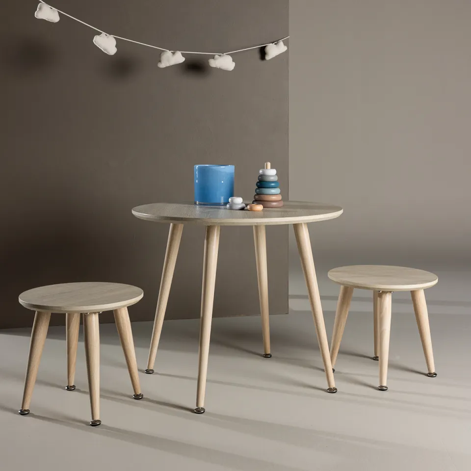 Nest living Runar ronde houten kindertafel met krukjes whitewash – set van 3, foto 2
