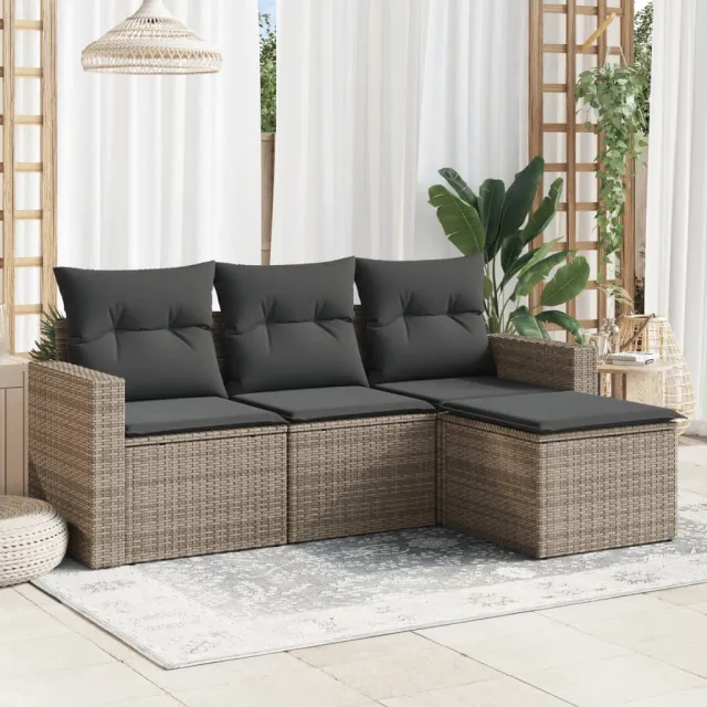 vidaXL 4-delige Loungeset met kussens poly rattan grijs, foto 2