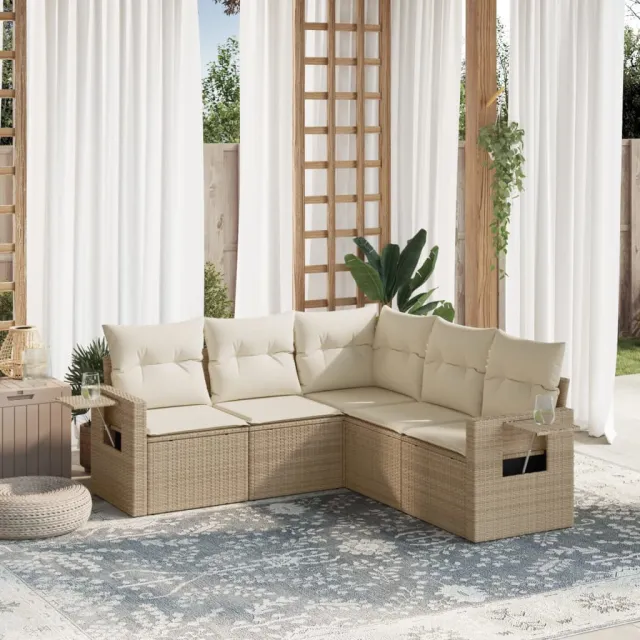 vidaXL 5-delige Loungeset met kussens poly rattan beige, foto 2