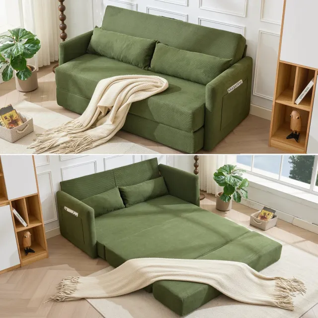 Clruro Slaapbank - 165 x 92 x 82 cm - 2-Zits Klapbank met Lendenkussens - Zijvakken - Corduroy - Groen