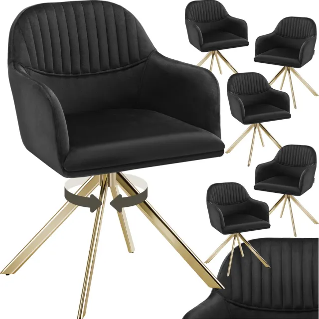 Tectake Fluwelen draaistoel - Bureaustoel - Eetkamerstoel met armleuningen - Fluwelen bureaustoel, keukenstoel, woonkamerstoel - 56 x 59 x 81 cm - Set van 6 - Zwart/goud zwart / goud