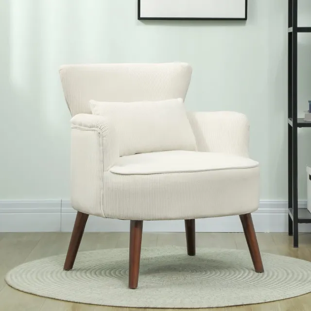 HAUSS SPOLE Fauteuil - Gestoffeerde Stoel met Gebogen Armleuningen en Lendekussen - voor Woonkamer en Slaapkamer - Polyester en Hout - Crèmewit