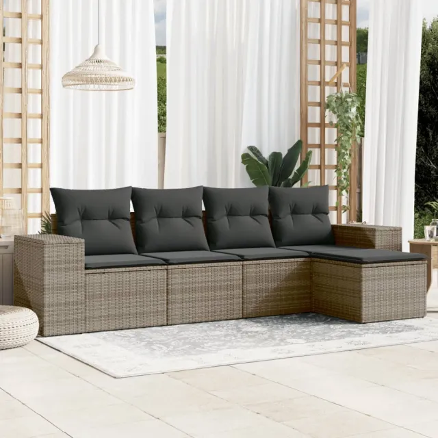 vidaXL 5-delige Loungeset met kussens poly rattan grijs, foto 2