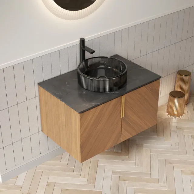 COVREO Badkamer wastafelmeubel 76 cm zwart bruin eiken, glas, soft-close