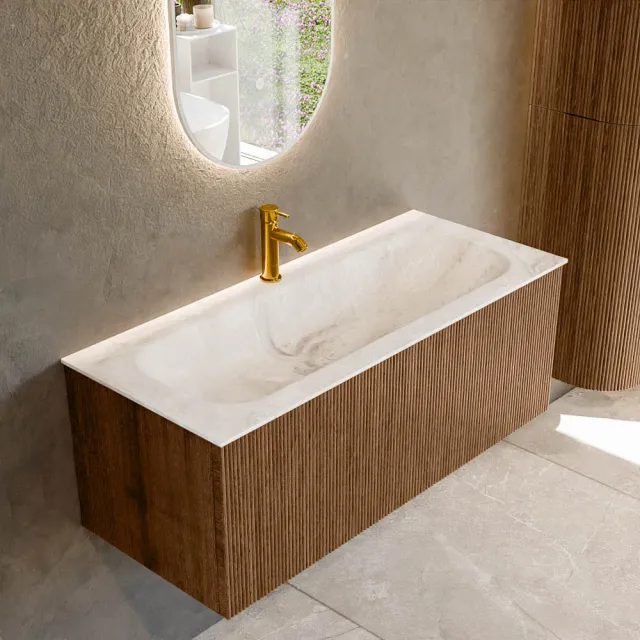 Mondiaz KURVE-DLUX 110 cm Onderkast Greeploos 1 Lade Zonder Deuren Walnut, Wastafel Solid Surface Volledig Frappe 1 Kraangat Zonder Spiegel (KRVBGM1101L0D1KM-Wal/Fra)