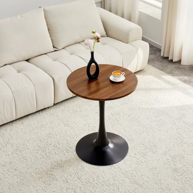 HAUSS SPOLE Bijzettafel - Ronde Tafel Met Thermogevormd Blad In Walnootlook - Voor Woonkamer En Leeshoek - MDF En Metaal - 60 X 72 Cm - Zwart