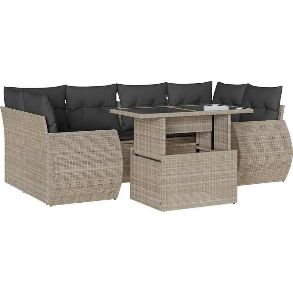vidaXL 7-delige Loungeset met kussens poly rattan lichtgrijs grijs, foto 3