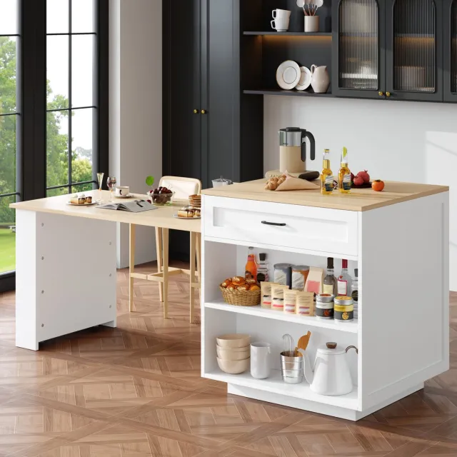 MEUNIQ Uitschuifbare bartafel 133-202 x 70 x 93,5 cm met opbergruimte, lade en open vakken, keukeneiland en eettafel voor keuken of eetruimte, wit