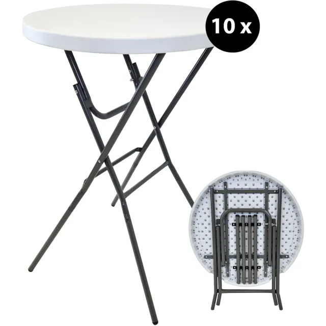 TRUTZHOLM Bartafel - Set van 10 - Inklapbaar - Tafelblad Ø 80 cm - Hoogte 110 cm - Kunststof - Gepoedercoat stalen frame, grijs - Wit