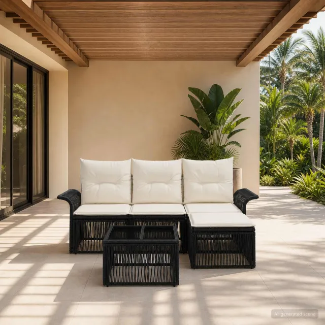 vidaXL Tuinbankenset 5 st 4-zits Zwart poly rattan, foto 2