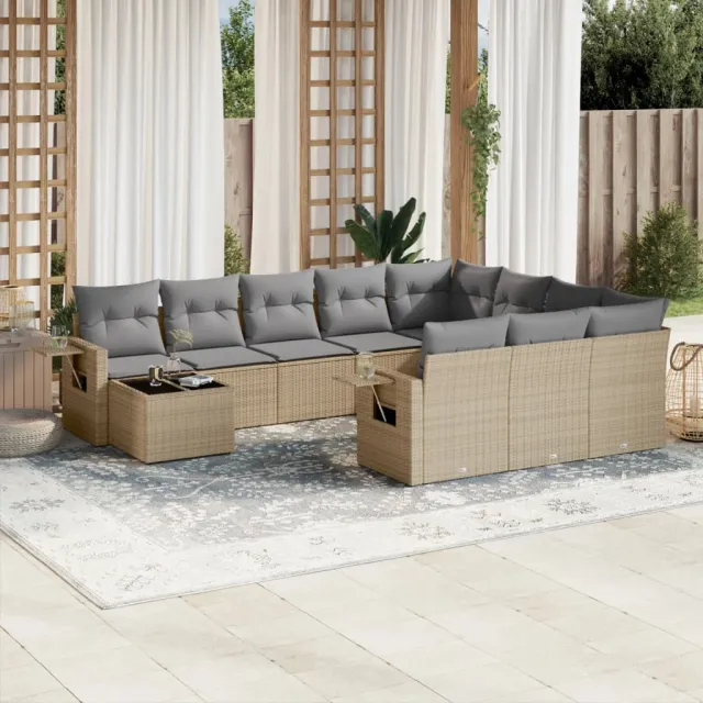 vidaXL 11-delige Tuinset met kussens poly rattan beige, foto 2