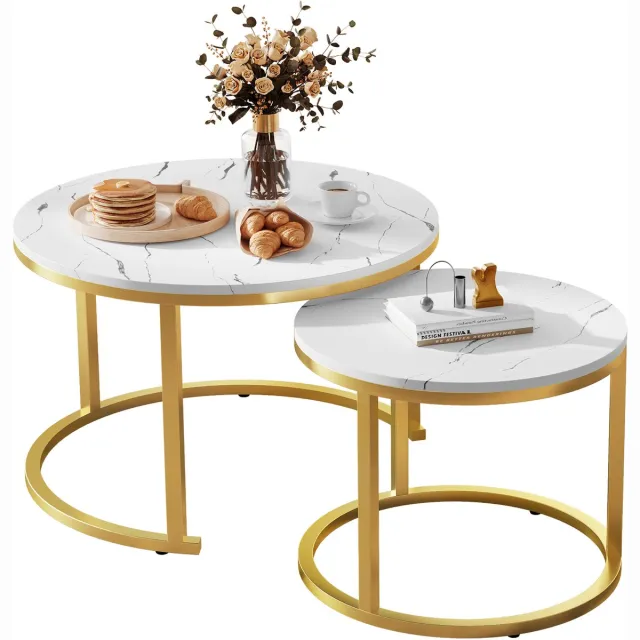 Hiazurm Salontafel - Salontafel Rond - Bijzettafel Set van 2 - Marmerlook - Metalen Frame - Moderne Salontafel - Woonkamer Tafel - Slaapkamer Tafel - Wit