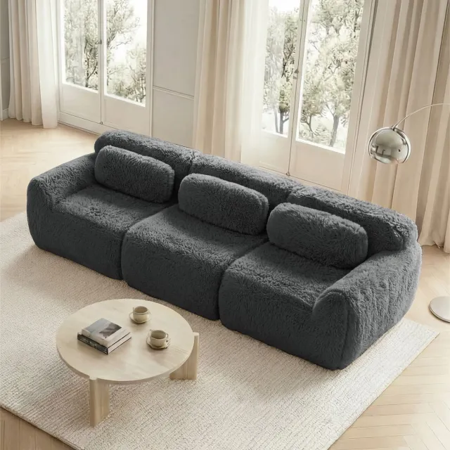 MIVRAY Hoekbank – 3-Zits Modulair Diepzitsofa Met Kussens En Antislip Onderzijde – Voor Woonkamer En Leeshoek – Pluche Grijs