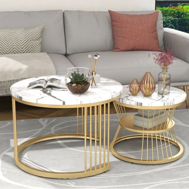 Yelenaro Set Van 2 Rond Salontafels, Stapelbaar, Wit marmerlook tafelblad, goudkleurig metalen frame, Woonkamer Tafel