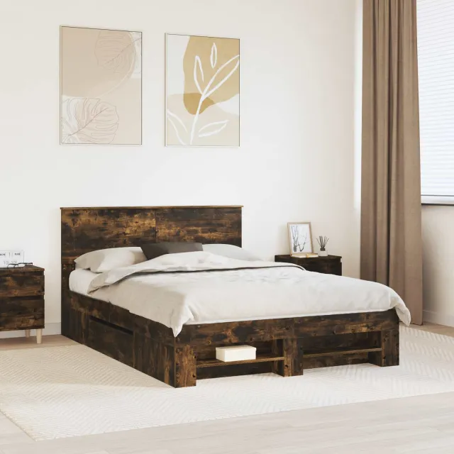 vidaXL Bedframe met hoofdeinde Gerookt eiken 140 x 190 cm Bewerkt hout Bruin