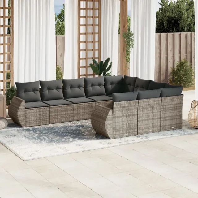 vidaXL 10-delige Loungeset met kussens poly rattan grijs, foto 2