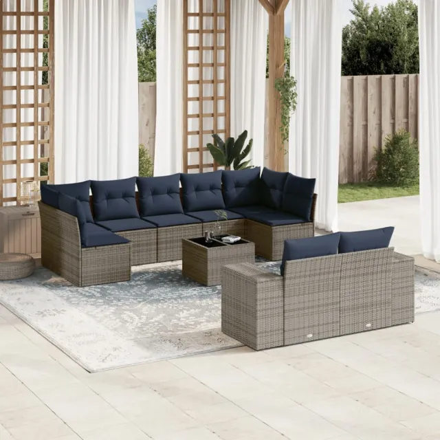 vidaXL 10-delige tuinbankset met kussens, grijs polyrotan, foto 2