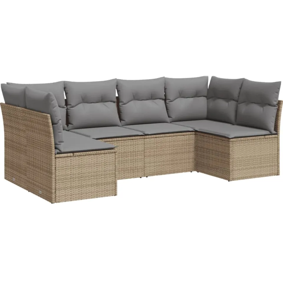 vidaXL 6-delige Loungeset met kussens poly rattan beige