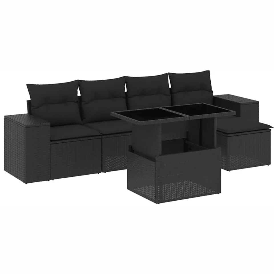 vidaXL 6-delige Loungeset met kussens poly rattan zwart
