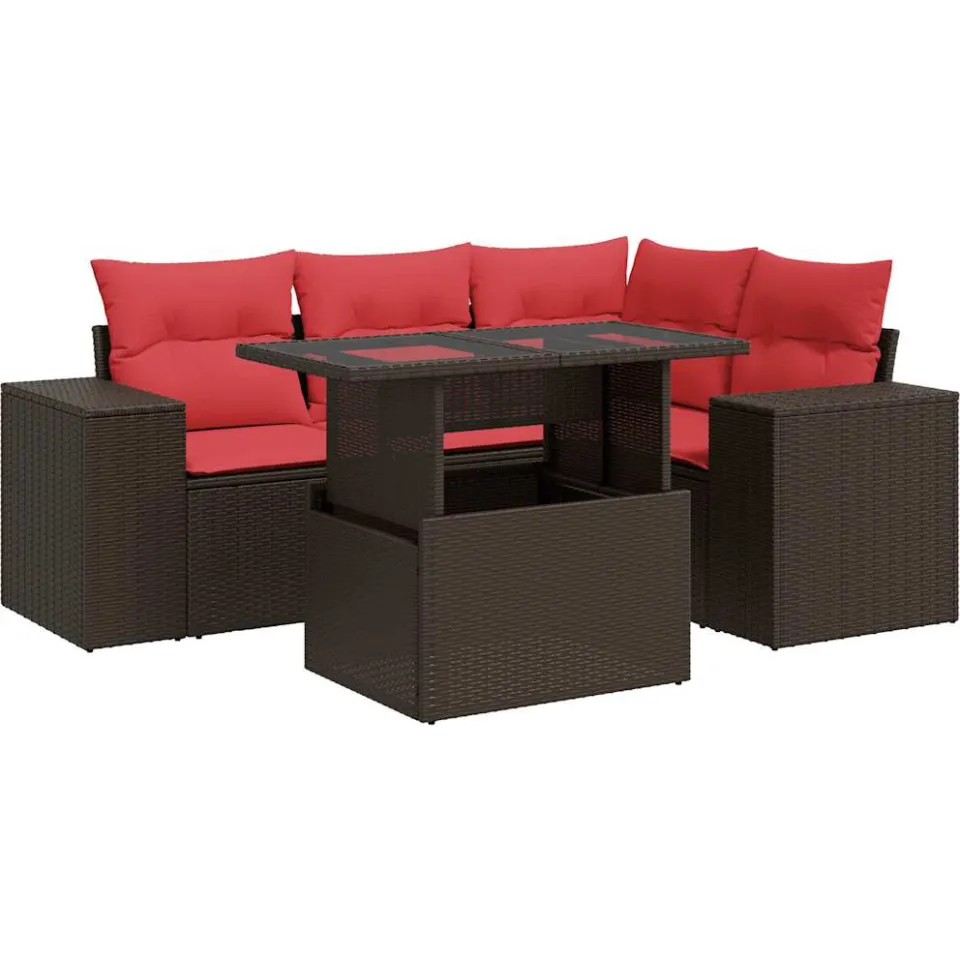 vidaXL 5-delige Loungeset met kussens poly rattan acacia bruin