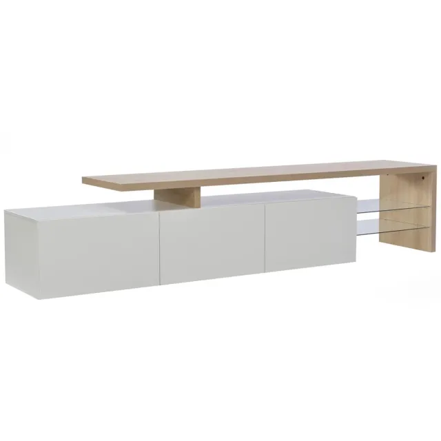 Noventra tv meubel - tv kast - dressoir - met LED verlichting - 3 deuren - 2 glazen planken - hoogglans wit - houtlook - 200 x 39 x 42 cm wit en houtlook