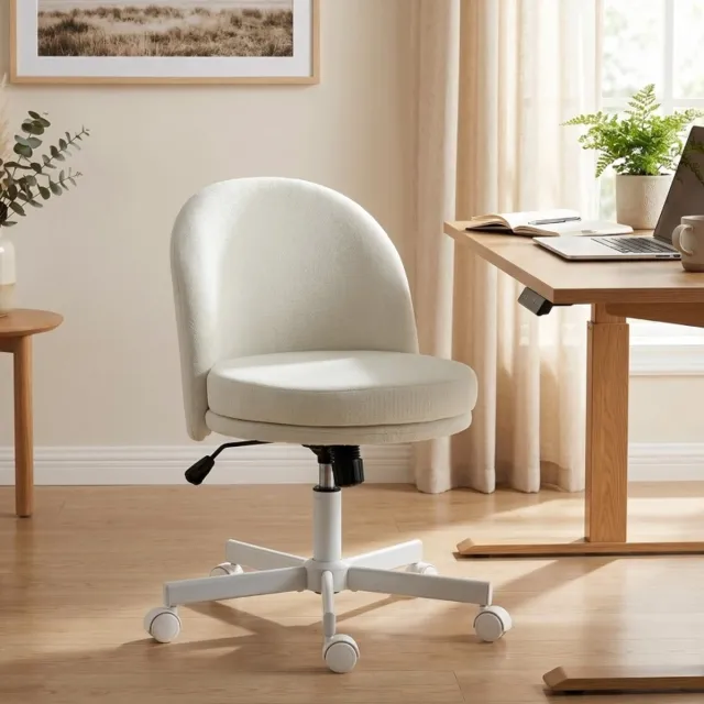 DESMIU Bureaustoel 57 X 58 X 83 Cm - Verstelbare Zithoogte, Wippfunctie En 360° Draaibaar - Voor Thuiswerk En Schminkhoek - Metaal - Cream White crèmewit