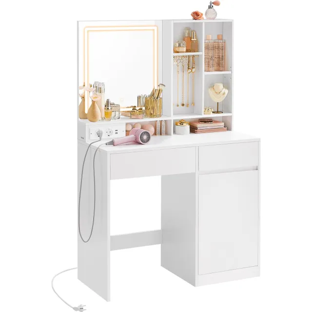 Vasagle Kaptafel - Make up tafel - Met LED-Verlichting - Stopcontact - Lades - Verstelbare Planken Wit