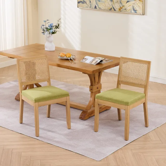 Pugsdrly Eetkamerstoel - set van 2 - Olijfgroen - Riet - Massief houten frame - Mid Century Modern