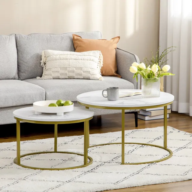 DESMIU Salontafelset - Ronde Marmerlook Tafels Met Gouden Stalen Onderstel - Voor Woonkamer - Wit En Goud - 74 En 59 Cm
