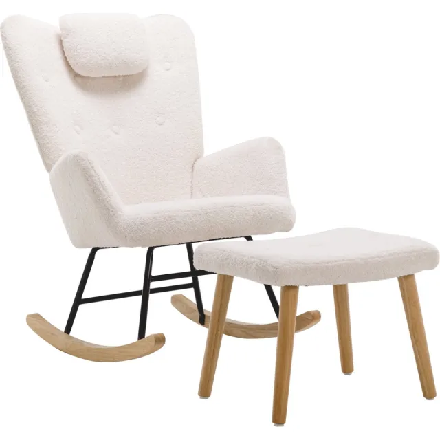 Merax Schommelstoel met Voetensteun – Teddy Stof – Wit – Ergonomisch