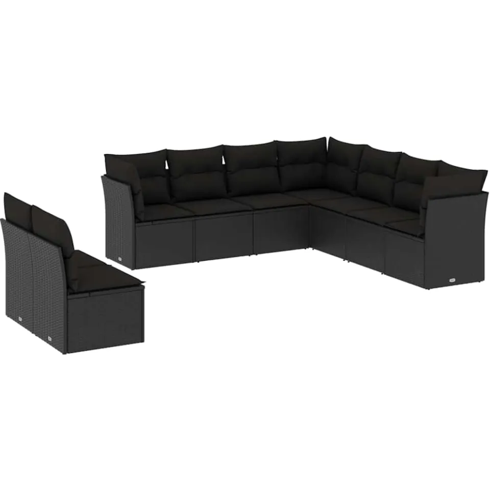 vidaXL 9-delige Loungeset met kussens poly rattan zwart, foto 3