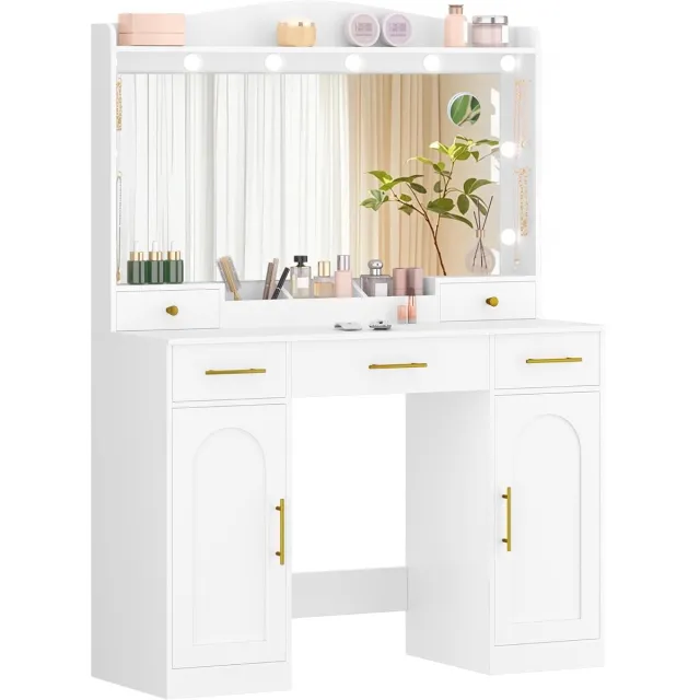 HILINSIE Kaptafel, Grote Hd Spiegel, 3-Kleurige Verstelbare Led Verlichting, met Kruk, 5 Laden en 2 Opbergkasten, Open Opbergruimte, Modern Minimalistisch, 40 X 108 X 149 cm, Wit-Goud