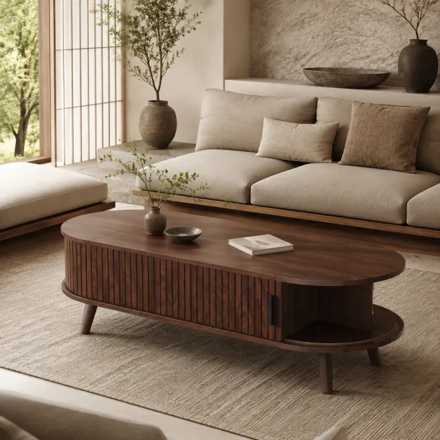 CHICFURN Salontafel 120 cm - In hoogte verstelbaar - Verborgen opbergruimte - 4 poten - Woonkamer - MDF en hout - Walnoot