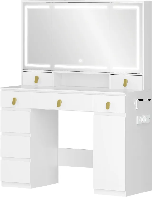 Atlasyx tafel - Make up - Kaptafel - Met spiegel en verlichting - Makeuptafel - Bureau - 2 stopcontacten - 108 x 40 x 140 cm - Wit