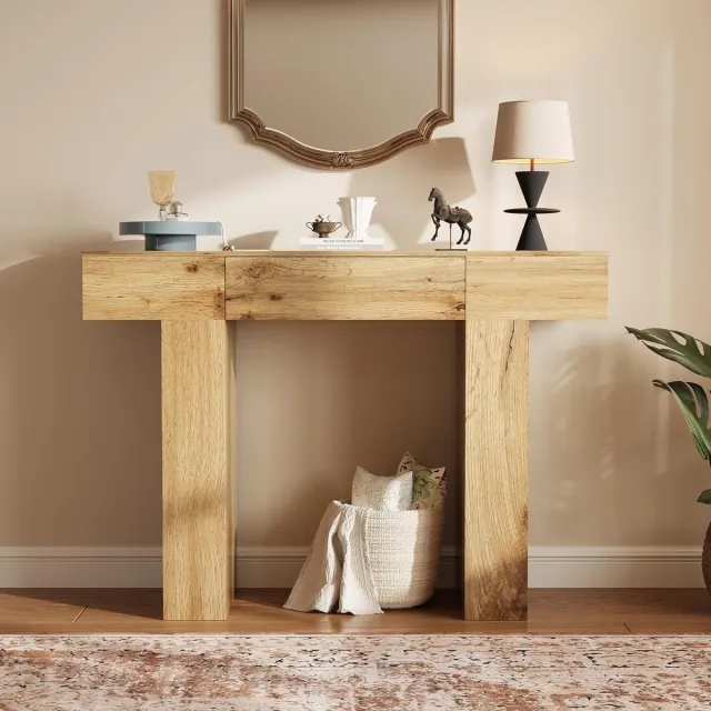 HOERFURIY Boerderijstijl eikenhouten consoletafel met opberglade – 47" smalle rustieke salontafel – Stevig & voorzien van kantelbeveiliging – Verhoogd tafelblad – Eenvoudig te monteren – 120×85×35 cm eikenkleur