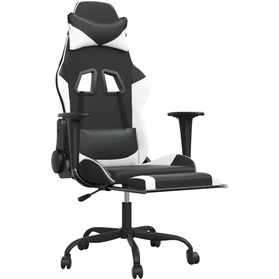 vidaXL Massage gamestoel met voetensteun kunstleer zwart & wit