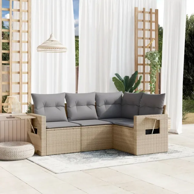 vidaXL 4-delige Loungeset met kussens poly rattan beige, foto 2