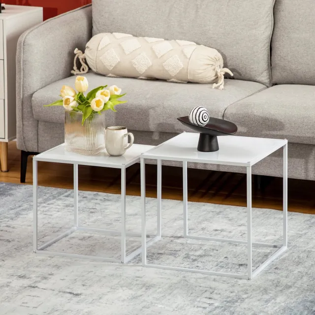 FloraGrace Bijzettafel Set Van 2 - Vierkant Modern Design Met Stalen Frame - Voor Woonkamer - Wit - 40x40x40 En 35x35x35 Cm