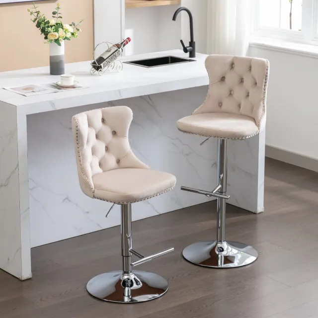 MEUNIQ barkruk set van 2 beige velvet met rugleuning, 360° draaibaar en verstelbare zithoogte 63-84 cm, met chroom onderstel voor keuken, bar of kookeiland