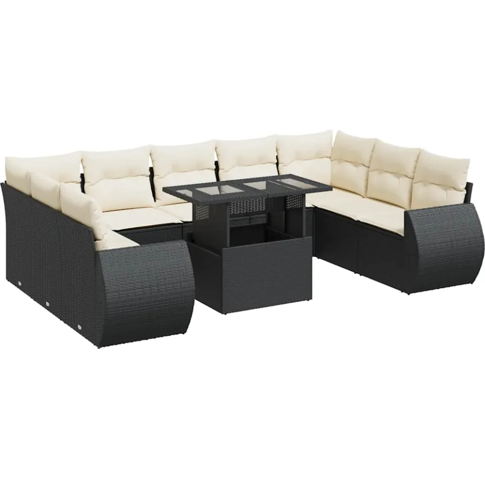vidaXL 10-delige Loungeset met kussens poly rattan zwart, foto 3