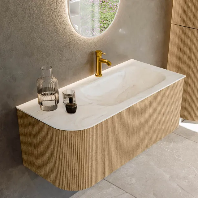 Mondiaz KURVE-DLUX 105 cm Onderkast Greeploos 1 Lade Met Deuren Oak, Wastafel Solid Surface Rechts Ostra 1 Kraangat Zonder Spiegel (KRVBGS105L1L1D1KR-Oak/Ost)